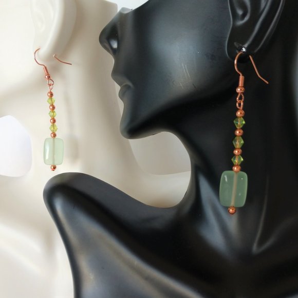 Green Dangle Earrings With Copper Plated Fishhook Wires Handmade 2.5 Inches - Picture 10 of 16